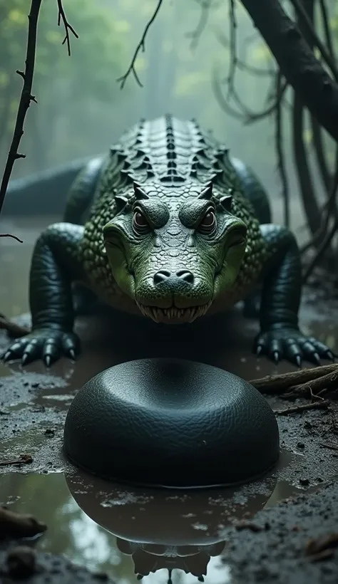 "A massive crocodile crouched on a muddy riverbank, staring intently at a smooth black stone placed directly in front of it. The stone has a matte, jet-black surface, exuding an air of mystery, while the crocodiles rough, greenish scales shimmer faintly in...