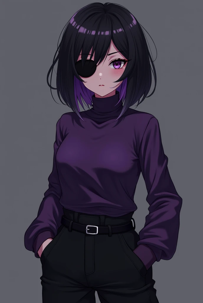 Generate a black skinned muslim anime girl with black-purplish shoulder length wolf-cut hair that frames her face and a black eyepatch on her left eye, purple turtleneck sweater, black belt, and black baggy jeans