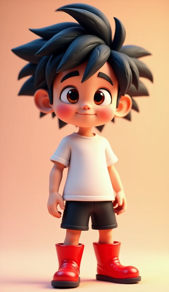 
Create a image  of 3D animation cute  boy , large   size black funcky hair wearing  a black shorts and white t-shirt, red Boot.
