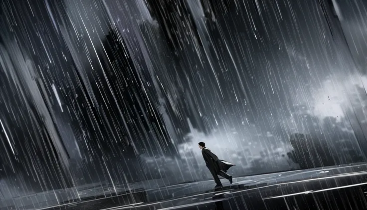 a man in a black suit running alone on a rainy city street, side view, black hair, stormy weather, urban background, dynamic motion, illustration composition, 70% background, 30% subject