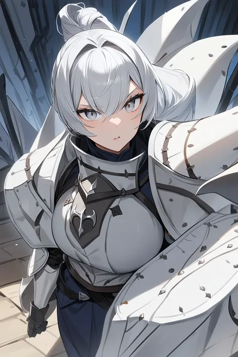 8 shields , Knight clothes,  silver hair, Adult female,  big boobs, Silver eyes, 