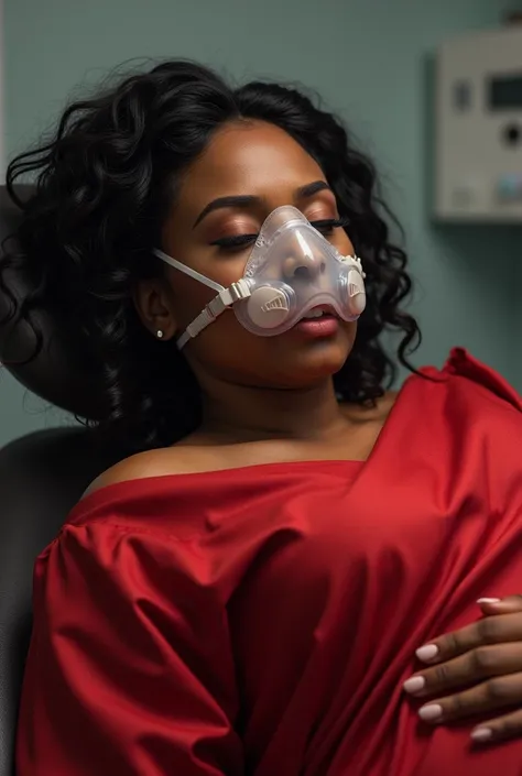 Photorealistic portrait in a fashion editorial style, featuring a curvy black female patient asleep at the dentist, going under anesthesia, deep sleep, leaning back, unconscious. clear anesthesia mask over her nose and mouth, rubber breathing tubes connect...