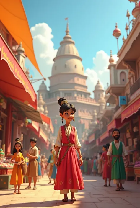 In cinematic 3d cartoon style"
Indores Vibrant Streets: An image of the bustling streets of Indore during Ahilya Devi’s reign, showcasing vibrant markets, traders, and citizens. In the background, one can see newly built temples or structures, highlighting...