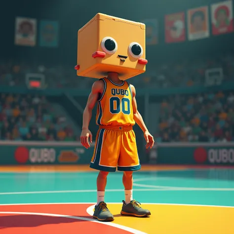 Faceless basketball player with a cube head ,  jersey number “00” name of the team “Qubo”