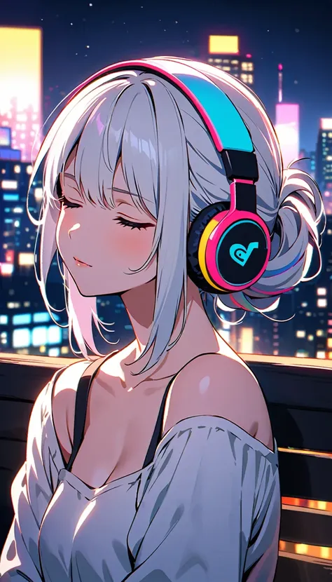 HD 8k Handsome sexy-cute, Solitary, 1 HD-8k Human focus female, Medium Length Hair, white hair, Rainbow Headphone hair, hair bun, closed Eyes, R&B Relaxing stile, vibrant, cityscape, night, TikTok Buzz