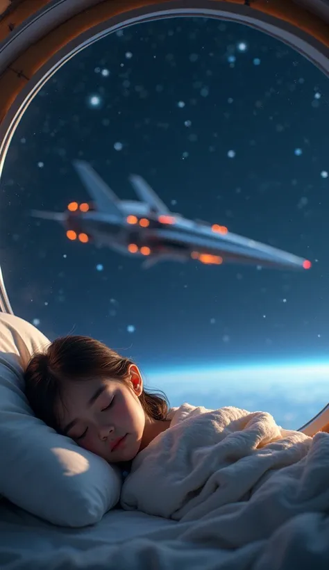 Girl sleeping in bed in outer space with a view of a spaceship
