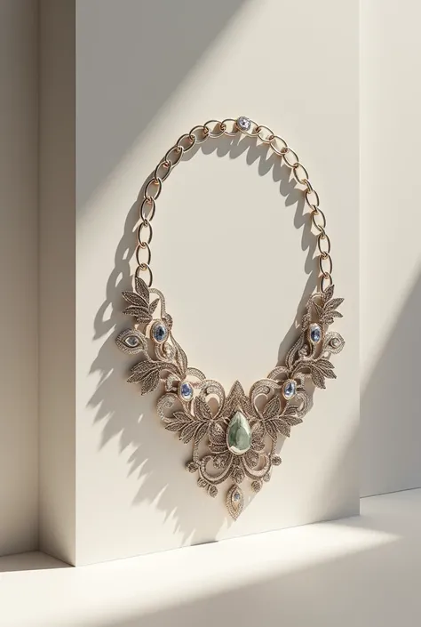 A beautiful detailed necklace showcased against a sleek minimalist background. 