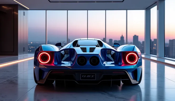 "Create a hyper-realistic rear view of the 2025 Ford GT in a cutting-edge showroom. The car’s striking design features a pair of futuristic LED taillights and dual exhaust outlets integrated into its aerodynamic body. The metallic blue finish shines under ...