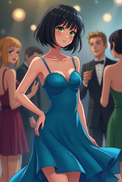 (anime) Girl with black and short hair about 24 years old, green eyes,  big breasted bakery, tall slender.  Dressed in a short evening dress, electric blue , Like the Ocean and wearing heels. In a ballroom and that the dress doesnt make her look so young
