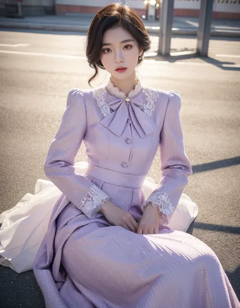 A Korean man in ladies vintage suit dress, he is crossdresser, body like a woman, slender female body, white and light purple, Rich lace and frills, long sleeves, cropped jacket, mermaid line long skirt, tweed, sit quietly