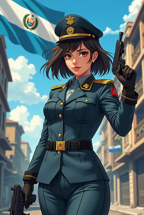 anime,  a woman wearing a military uniform , holding a kepi on her head ,  while holding a gun in her right hand and in the other the Guatemalan flag flying in a ruined Guatemalan city 🇬🇹