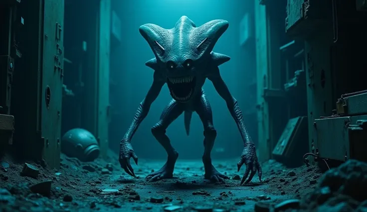 Very scary alien in datk blue colour scary and he is in a room of ship all thing are destroyed ye is creepy seeing at me 