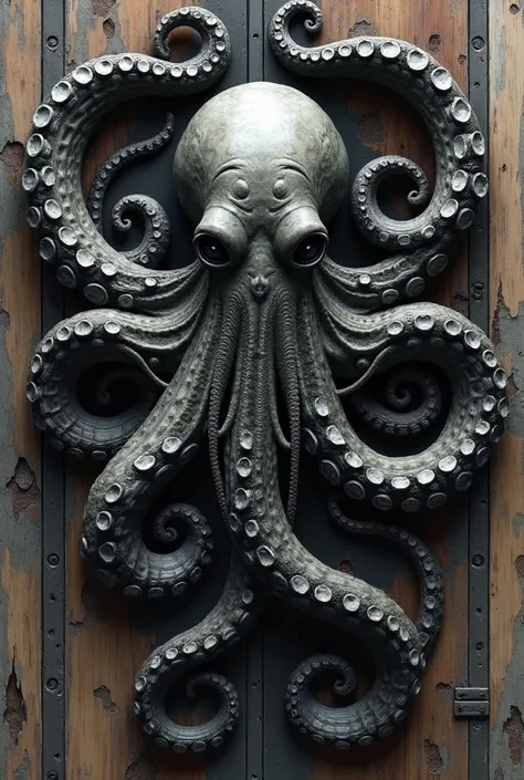 a close-up of a drawing of an octopus, a dark and fantastical ink painting, an iron door texture, an astonishing painting, a sculpture, an ambiance that is both horrifying and beautiful, with intricate symmetry and detailed, a human/tank hybrid, a wooden d...