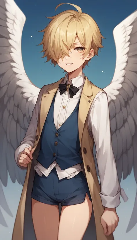   better quality ,  very detailed illustration, ( seraph angel boy :1,7), (wings on the back of the head:1,7), ( hair cover the eyes :1,7), disheveled lush hair of soft pink color,  beckon a playful look, Slim,  perfect body, простой Drawing, Artifyber sty...