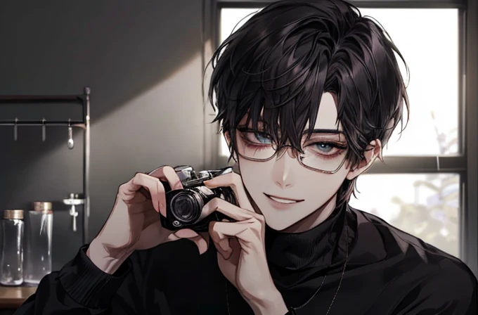 1 male，Short detailed hair， black hair color，（Eyes 1：2， Clear Eyes ，A sophisticated eye，Delicate eyes，Pictures of attractive Japanese women with good eyes ，Eye details）， face focus ，adult， black turtleneck， best quality， Face Details ，‎， sitting at a desk ...