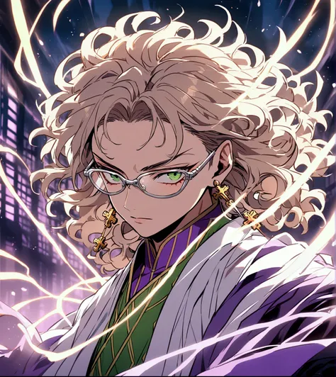 White man, , demon slayer of fire, green eyes, silver glasses, cross silver earrings, purple and white haori, short yellow curly hair, no green