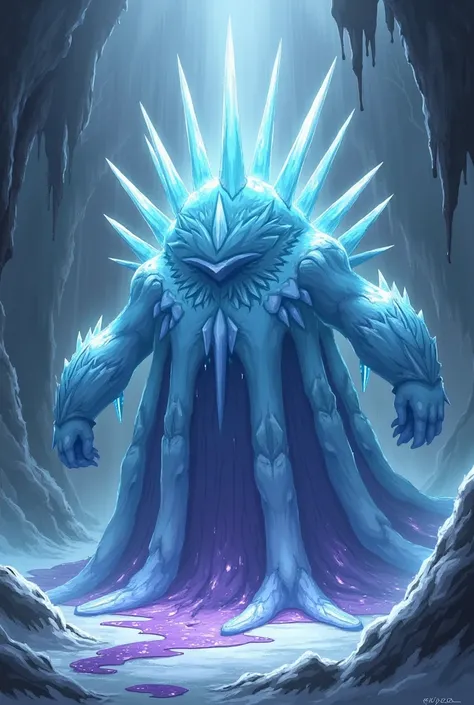 An enormous, majestic Pokémon resembling a fusion of ice and poison, named Glacibellum. Its body is a grand, dome-shaped structure with a translucent icy blue hue, covered in intricate frost patterns. Towering crystalline spikes crown its head, each radiat...