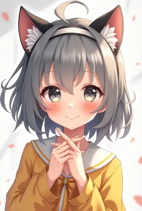  1 girl, solo, chest, smile,  shortcut ,  accessories with gray hair,  headband, Cat ears, 