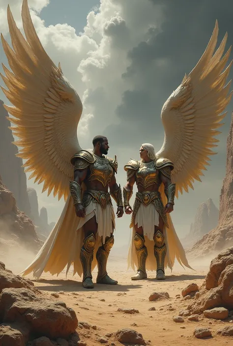 two winged angel men wearing armor, were standing in the middle of a desert with lots of rocks and large hills beside it, with a background of black clouds in the sky