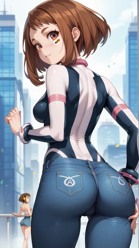 , ochako uraraka, brown eyes, brown hair, short hair, blush, blush stickers, skin tight, slender body, tiny waist. sexy body, sexy figure, slim legs, slim figure, sexy, tiny waist, desireable, tempting, lust, butt, back view, back, dos, fesses , pantalon j...