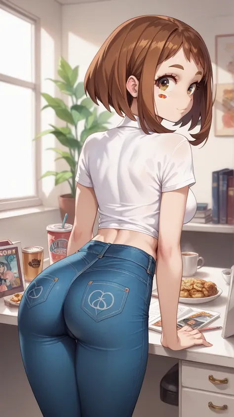 , ochako uraraka, brown eyes, brown hair, short hair, blush, blush stickers, skin tight, slender body, tiny waist. sexy body, sexy figure, slim legs, slim figure, sexy, tiny waist, desireable, tempting, lust, butt, back view, back, dos, fesses , pantalon j...