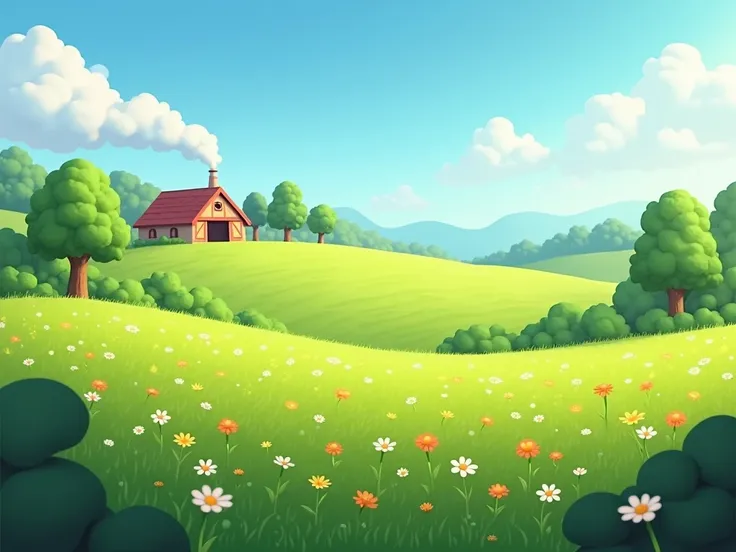  image for the cartoon story of YouTube videos in Pixar format. The landscape around the farm :  View of an endless green field with blooming flowers,  small hills and beautiful trees .  In the background is a farm with smoke ,  rising from the chimney .