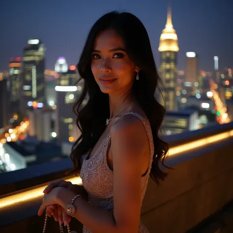 A stunning Thai woman, long black hair, dressed elegantly for a Saturday night out, heading to a birthday party on a chic rooftop in Bangkok. She wears a fashionable evening dress with subtle shimmering details, paired with high heels and statement jewelry...