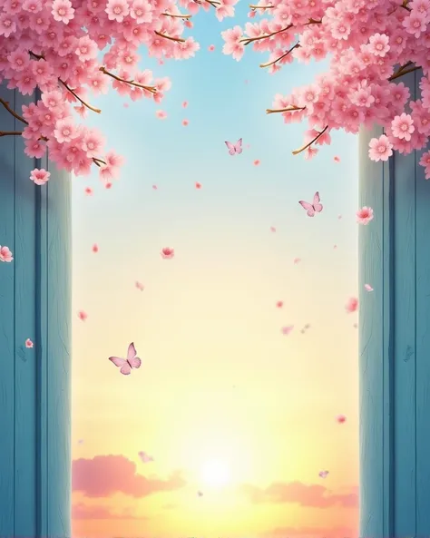 The background is a soft sunset sky showing gradient color tones, from warm orange to light blue, creating a peaceful and serene atmosphere. The sides are flanked by blue and cyan wooden frames with pink cherry blossom branches above the top, which are ver...