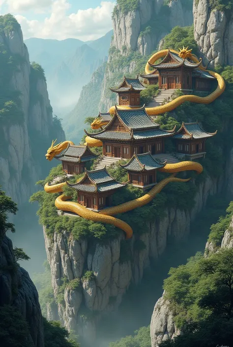 Village on top of steep cliffs and ravines with residents of the cottage fan house guarded by golden yellow dragon snakes 