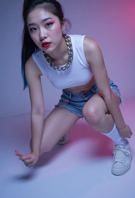 Prompt : k-pop girl, 18 years old, high ponytail, makeup,eyeliner, slim shape, white crop top, shorts ripped jeans, white knee socks , white sneakers, big silver chain on neck, cleavage, navel , sweat , smile, res lip, pink eye blush,studio background, lig...