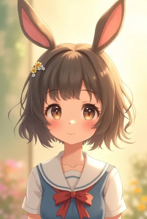 Cute schoolgirl with short hair that looks like a rabbit