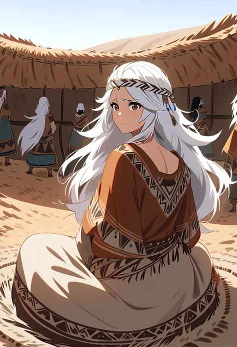 {{Artist: aitsuwu}} 1girl, mature female, nomadic princess, white hair, long hair, Braided hair, brown eyes, nomadic dress, outdoors, nomadic settlement,  concerned, worried, sitting, back turned to viewer, looking at an arena, Circular Arena, two men figh...