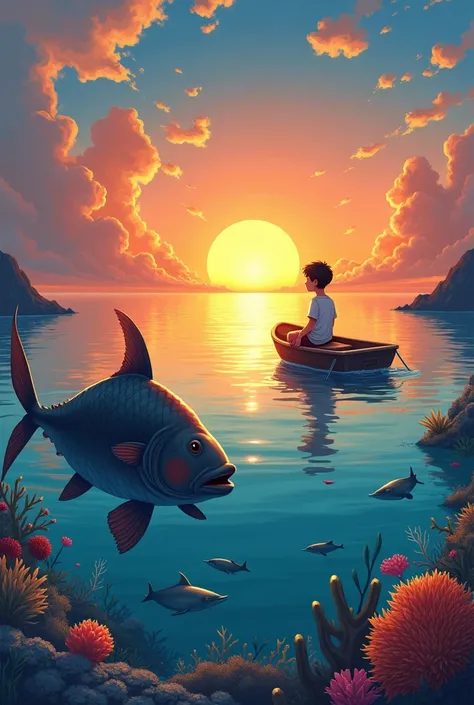 Boy on the boat watching sunset, fish is swimming big fish, different sea animals like a painting like anime painting 