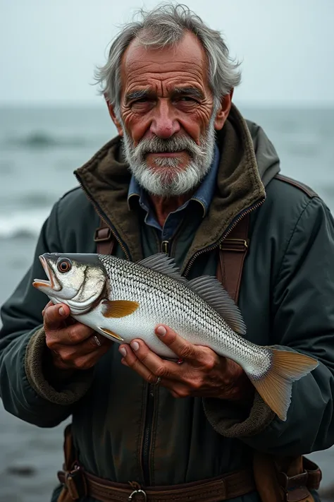 
An old fisherman with his fish in his hands is clearly visible ai pick 