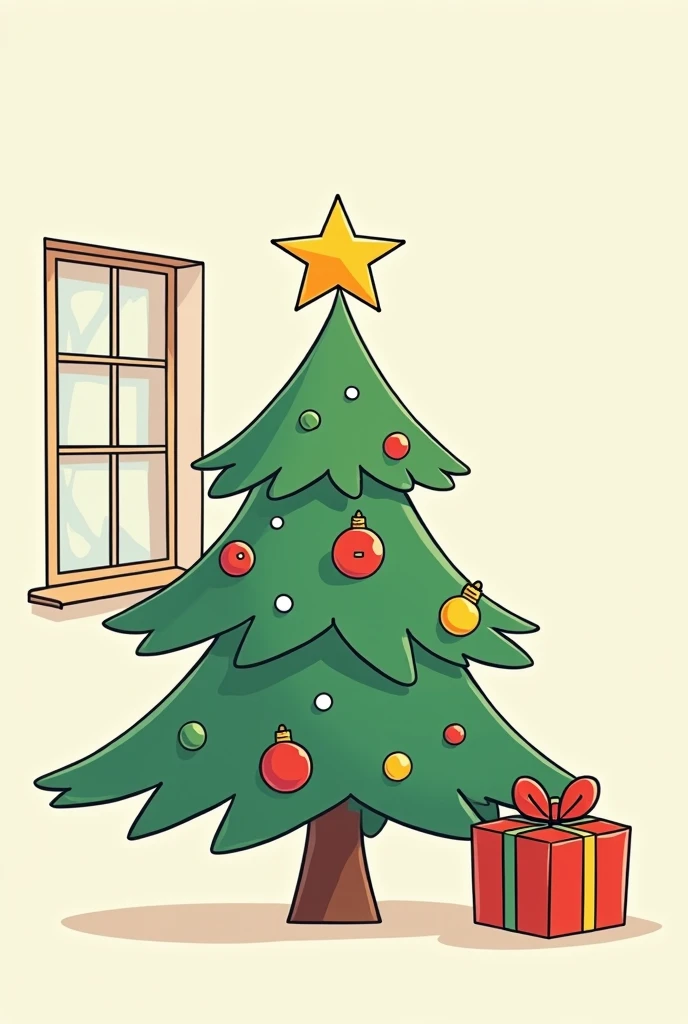 coloring book for s, very simple cute pixar cartoon style of of A Christmas tree with ornaments and a star on top,of A Christmas tree with ornaments, and a star on top, a windows in background and a gift on the floor, stylized, 8K , cinematic uhd, thick li...