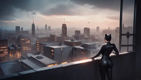 a batman and catwoman having passionate sex on a rooftop at night, overlooking a dark, gritty, gothic city, heavy rain falling, ...