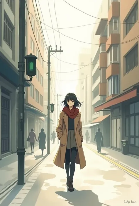 there is a woman in a coat and scarf walking down the street, illustration!, wandering in the city, in city street, blurry and dreamy illustration, urban girl fanart, in a street, in style of kyoto animation, watercolor illustration style, by Maki Haku, se...