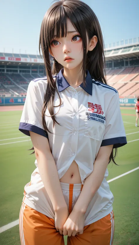 score_9,score_8_up,score_7_up,score_6_up,score_5_up,score_4_up,Japanese womens track and field team, long straight hair, uniform, thigh stretch, anxious face, sweat, very beautiful Asian face, stadium track, absurdity, calling, emotional expression, well-t...