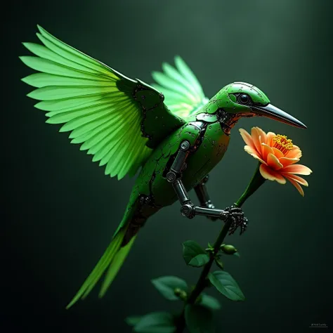 (( best quality))、((masterpiece))、( Details)、 The background is dark green with uneven shading。１ A robot kingfisher that realistically and accurately made a bright green kingfisher with vivid green wings、Create a scene where it sucks flower nectar while fl...