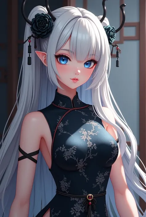 Create a black character with white hair for me. Pretty sexy, wearing a cheongsam dress, elegant, charming, sensual expression, blue eyes full body