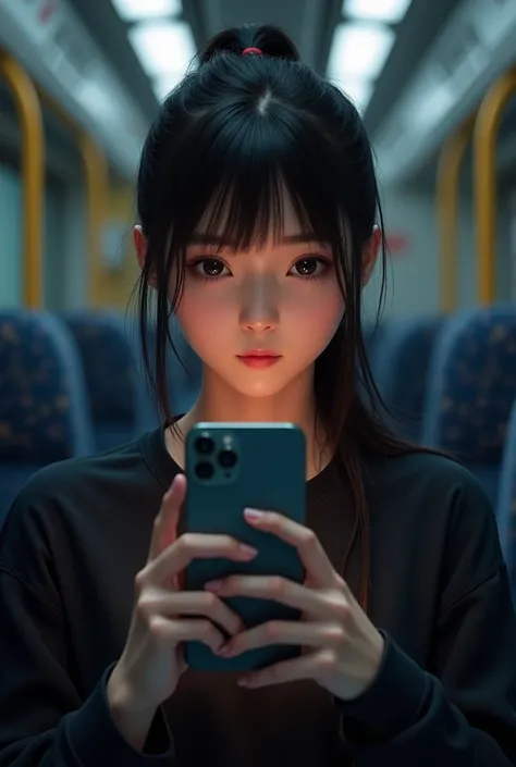  long haired, Japanese woman with bangs eyebrow height 、 ponytail、 is taking a selfie、 in the train、Wearing a black jersey 、The season is autumn、. Realistic image quality like the picture、The time is 20:00 p.m. 、It&#39;s dark outside、4K