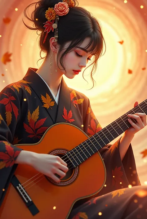  The background is drawn with a vortex of light like a starry sky with fantastic brilliance, and 、 is colored with a gradation of warm gold and soft pink。 holds the neck of the guitar with the left hand 、 she wears a gorgeous kimono with autumn leaves 。 ki...