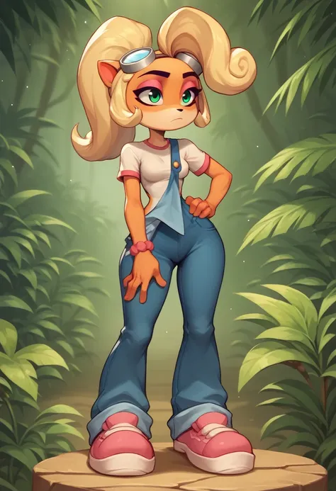 Coco, solo, 1 girl, female, furry, animal ears, orange fur, blonde hair, green eyes, pink eyeshadow, ponytail, long hair, googles on head, white shirt short sleeves, pink shoes, denim overalls pants, medium breasts, wide hips, sexy legs, looking at viwer, ...