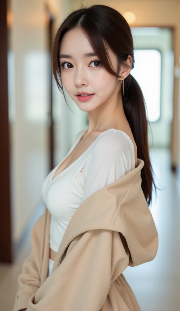 A full bodyshot of a beautiful Japanese woman wearing a white blouse with a long beige jacket:1.21, extremely detailed skin, large breasts:1.22, deep cleavage, small head, cute face, pony tail, brown straight hair:1.21, neatly styled, bright eyebrows, turn...