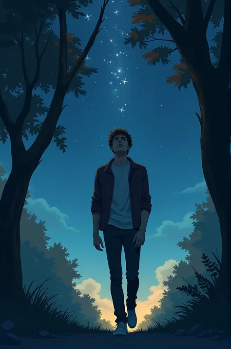  anime image with the following details :  James Arthur is seen walking through a forest or quiet empty space, looking at the sky ,  his body language shows frustration and contemplation .  The stars above begin to flash ,  symbolizes internal conflict .