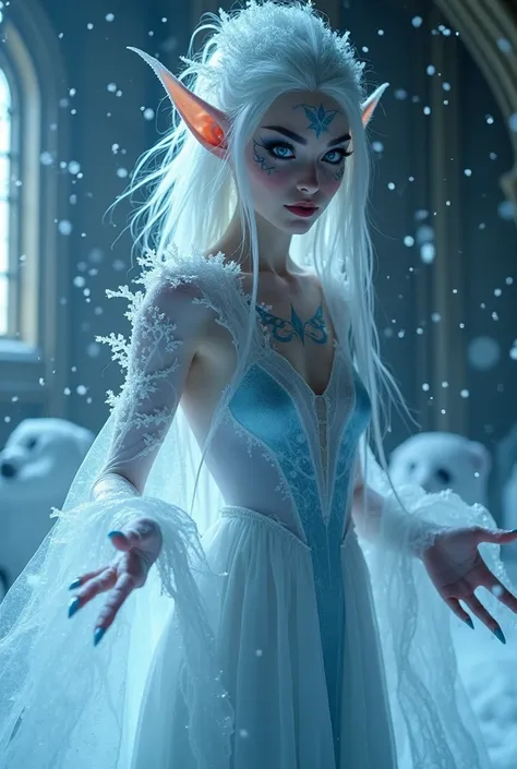 Close up,Dramatic, low-angle shot of an arrogant ice Japan elf, big breast,casting a blizzard spell within a frozen church. Slender figure, pale, translucent skin, piercing blue eyes. Icy, crystalline hair, intricate frost tattoo. Wearing a flowing, icy go...