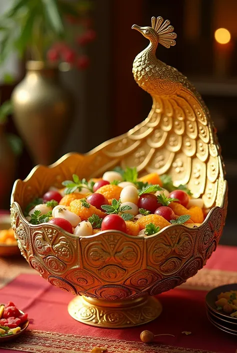 Beautiful golden peacock bowl with food