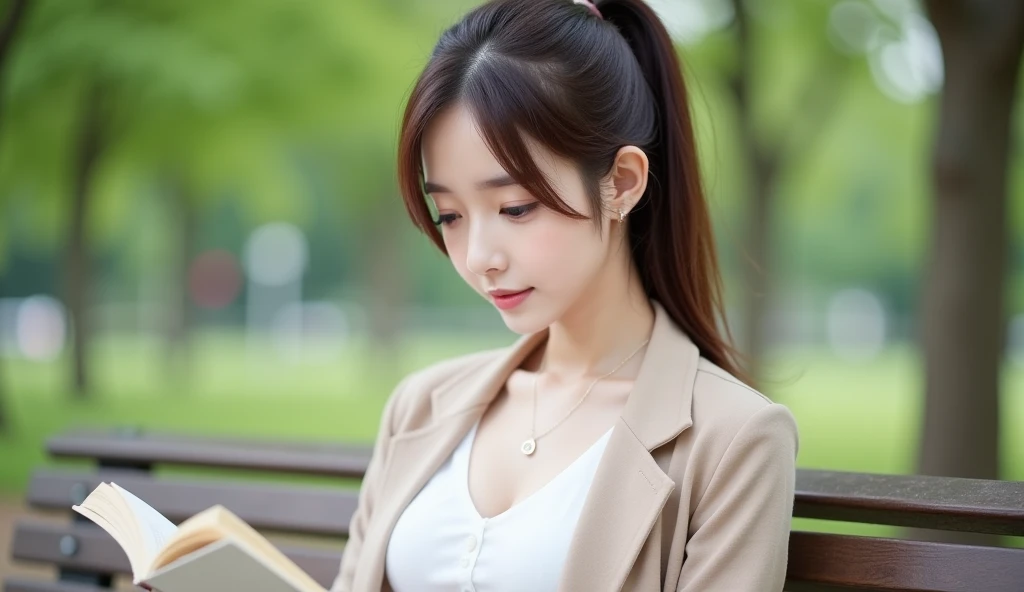 A beautiful Japanese woman wearing a white blouse with a long beige jacket:1.21, extremely detailed skin, large breasts:1.5, deep cleavage, small head, cute face, pony tail, brown straight hair:1.21, neatly styled, bright eyebrows, reading on park bench, b...