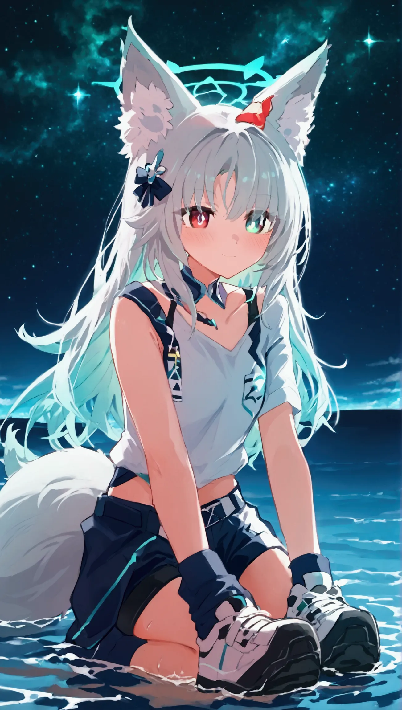 solo, full body, perked fox ears, purple three fox tails, white sport t-shirt, black sport shorts, pink sneakers, blue halo, heterochromia (bluish-green left eye scarlet red right eye), long white hair with soft pink tint, hair over eye, hair on shoulder, ...