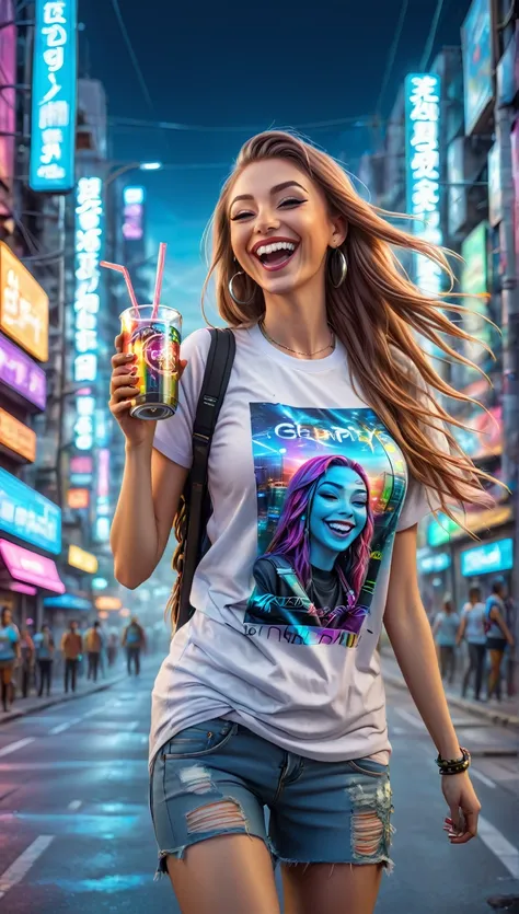 long straight haired adult women dressed in urban clothes t-shirts, In an urban landscape and holographic signs, HAPPY on the road. are drinking and laughing, The background is modern and cyberpunk, high tech vibe. Lovely Digital Painting, 3D rendering, Br...